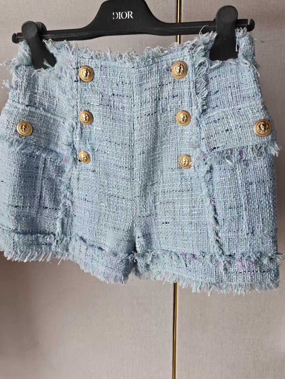 Balmain Light Blue Tweed High-Waist Shorts with Gold Buttons